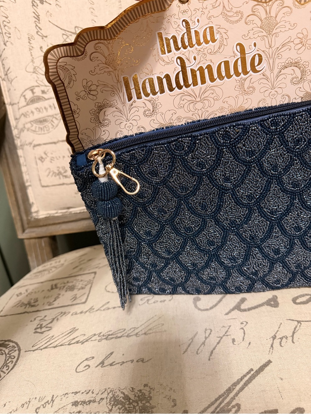 Handmade Beaded Navy Clutch with Tassel